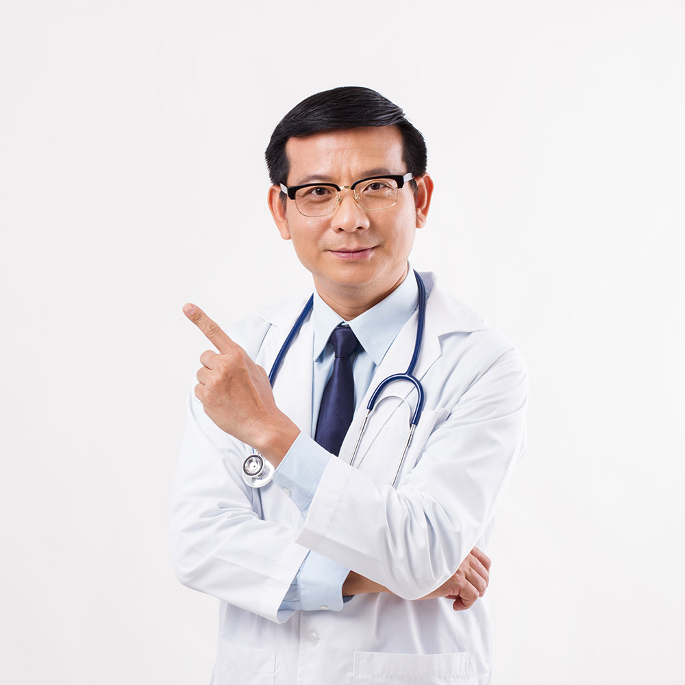 male doctor pointing finger up away to the left side