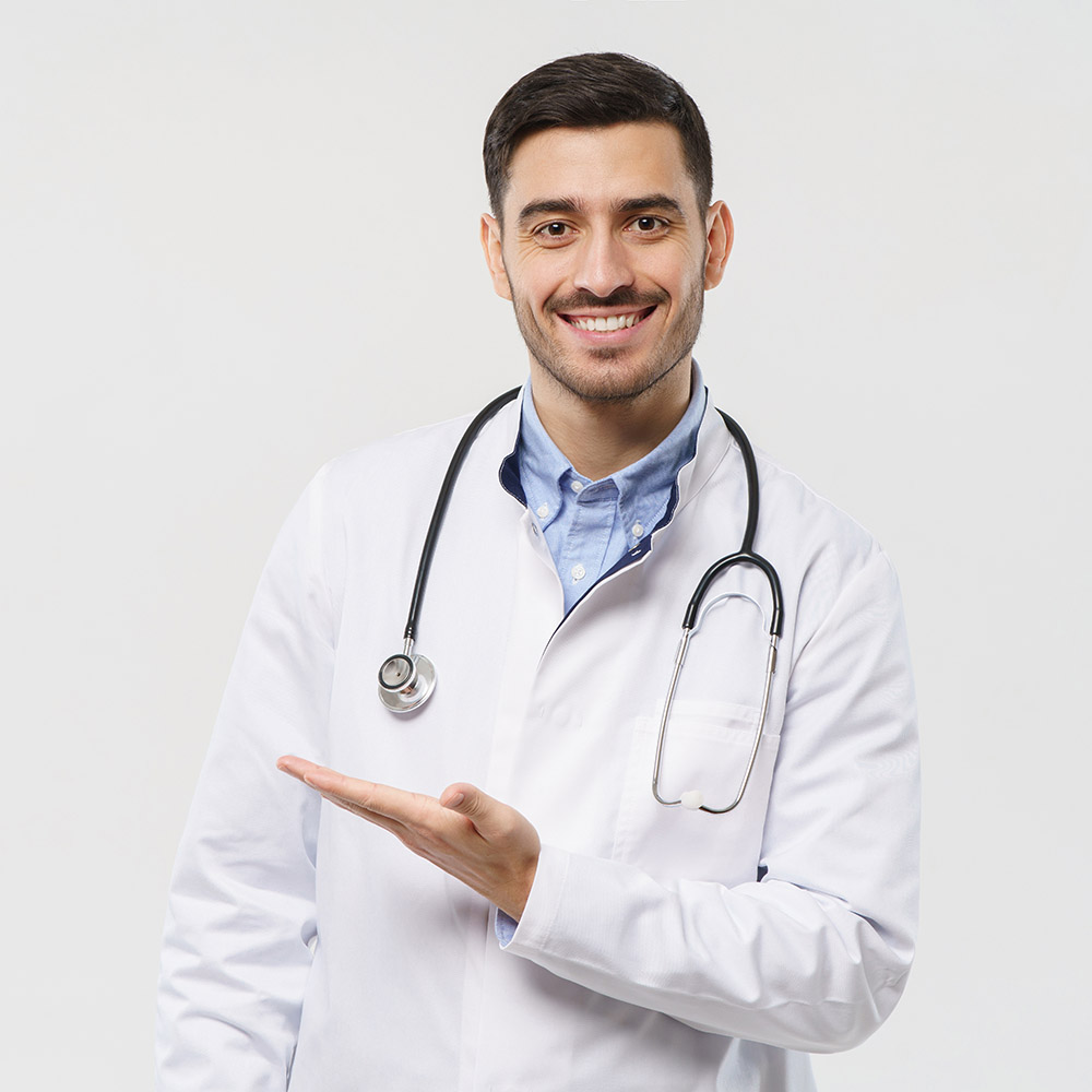 male doctor pointing to the left