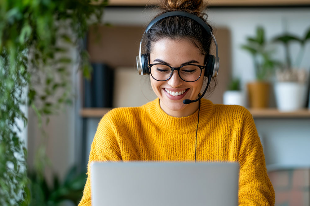 Woman with glasses wearing a yellow sweater, using a headset while working on a laptop in a home office.
